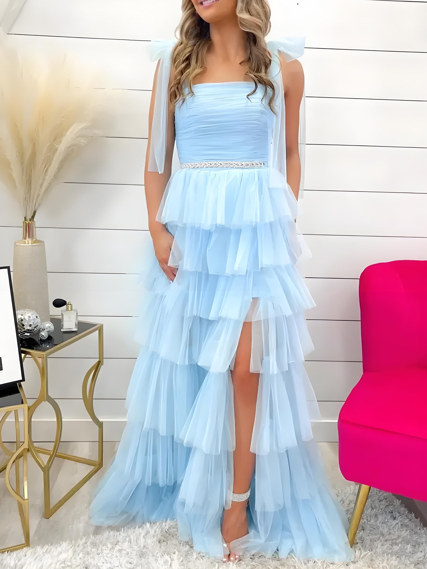 Houda | Light Blue Pleated Ruffle Prom Dress with Bow Tie Straps