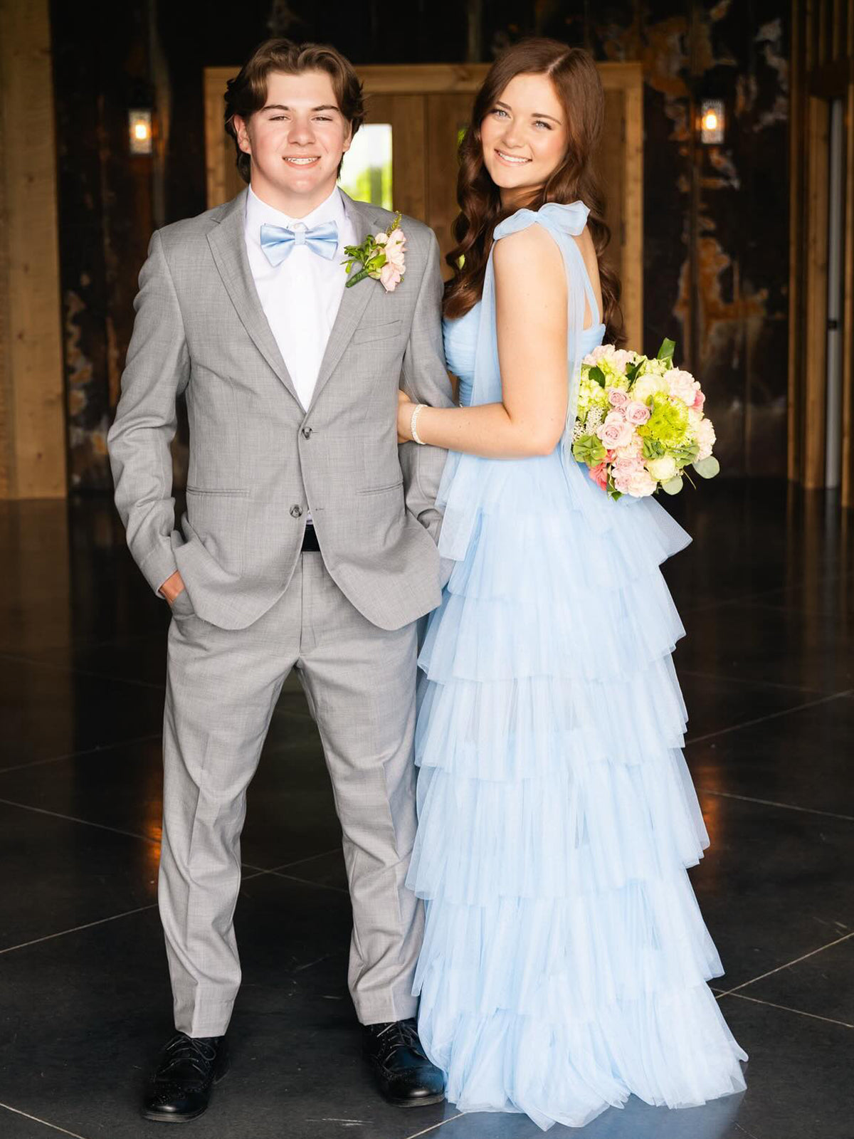 Houda | Light Blue Pleated Ruffle Prom Dress with Bow Tie Straps