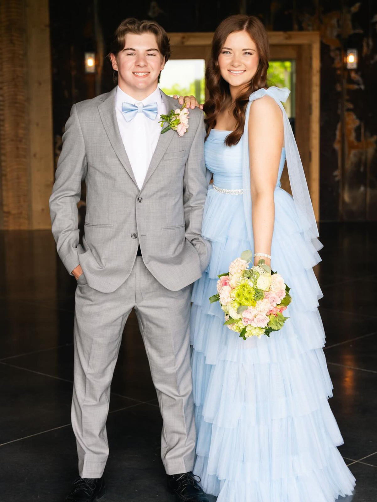 Houda | Light Blue Pleated Ruffle Prom Dress with Bow Tie Straps