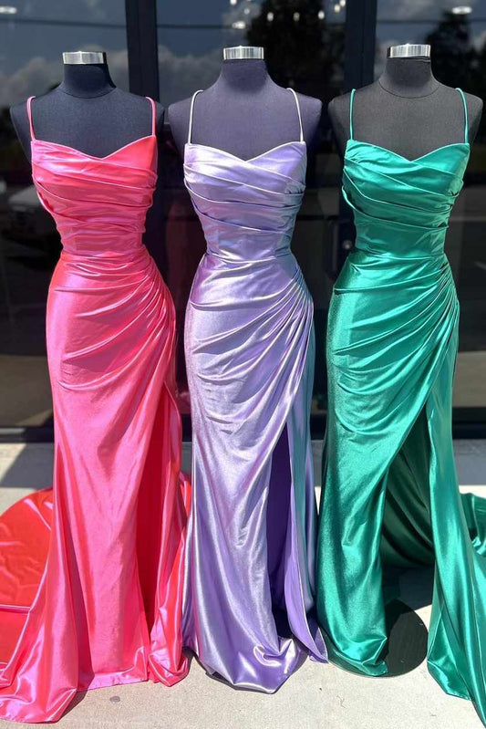 Hudson | Fuchsia Spaghetti Straps Mermaid Satin Slit Prom Dresses