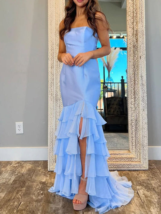 Ida | Sky Blue Mermaid Strapless Prom Dresses With Split