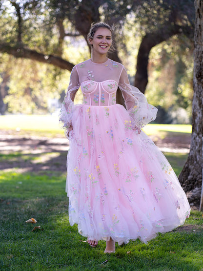 Illusion Neck Floor Length Tulle Pink Prom Dress