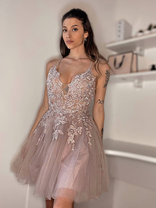 Anya | A Line Applique BlushTulle Short Homecoming Dress