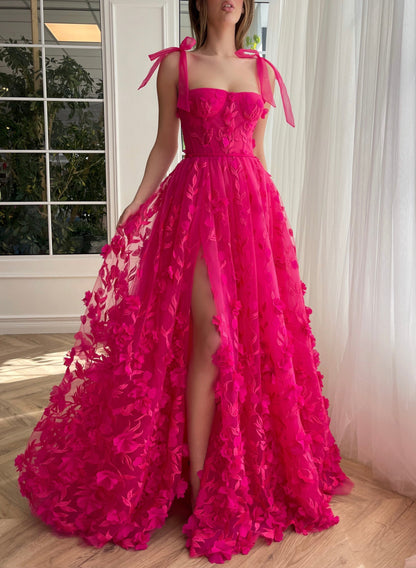 Kayleigh | Fuchsia Elegant A-line 3D Flower Lace Prom Dress With Slit