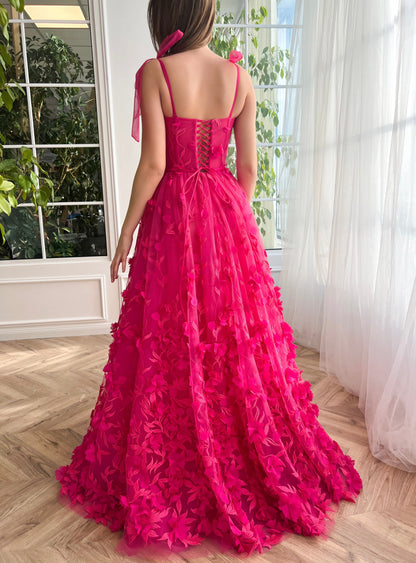 Kayleigh | Fuchsia Elegant A-line 3D Flower Lace Prom Dress With Slit