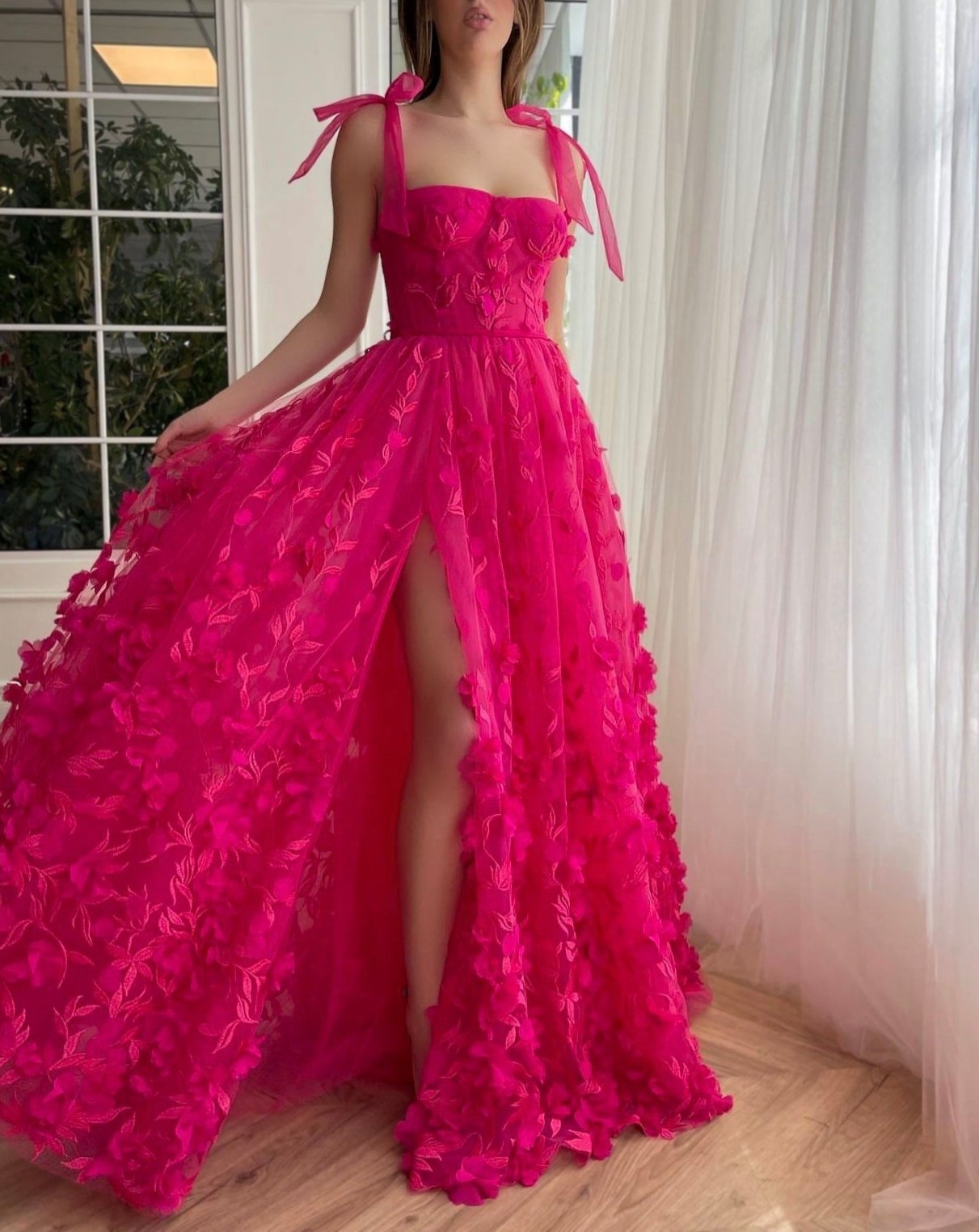 Kayleigh | Fuchsia Elegant A-line 3D Flower Lace Prom Dress With Slit