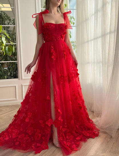 Cameron | Scarlet Lace A-line 3D Flower Long Prom Dress With Slit