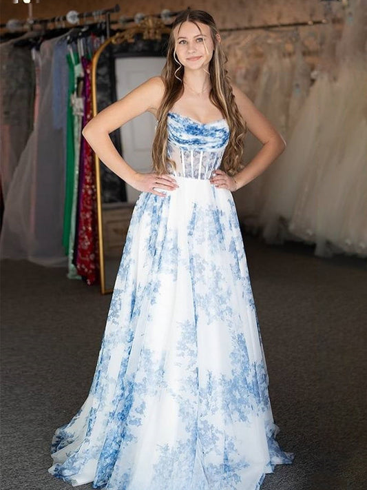 Inez | A-Line Strapless Blue Floral Print Long Prom Dresses