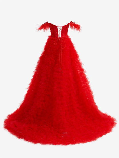 Ingrid |Red A Line Sweetheart Tiered Tulle Long Prom Dress With Slit