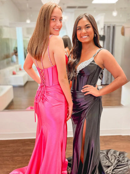 Ingris |  Fuchsia Mermaid V Neck Satin Long Prom Dresses with Beading