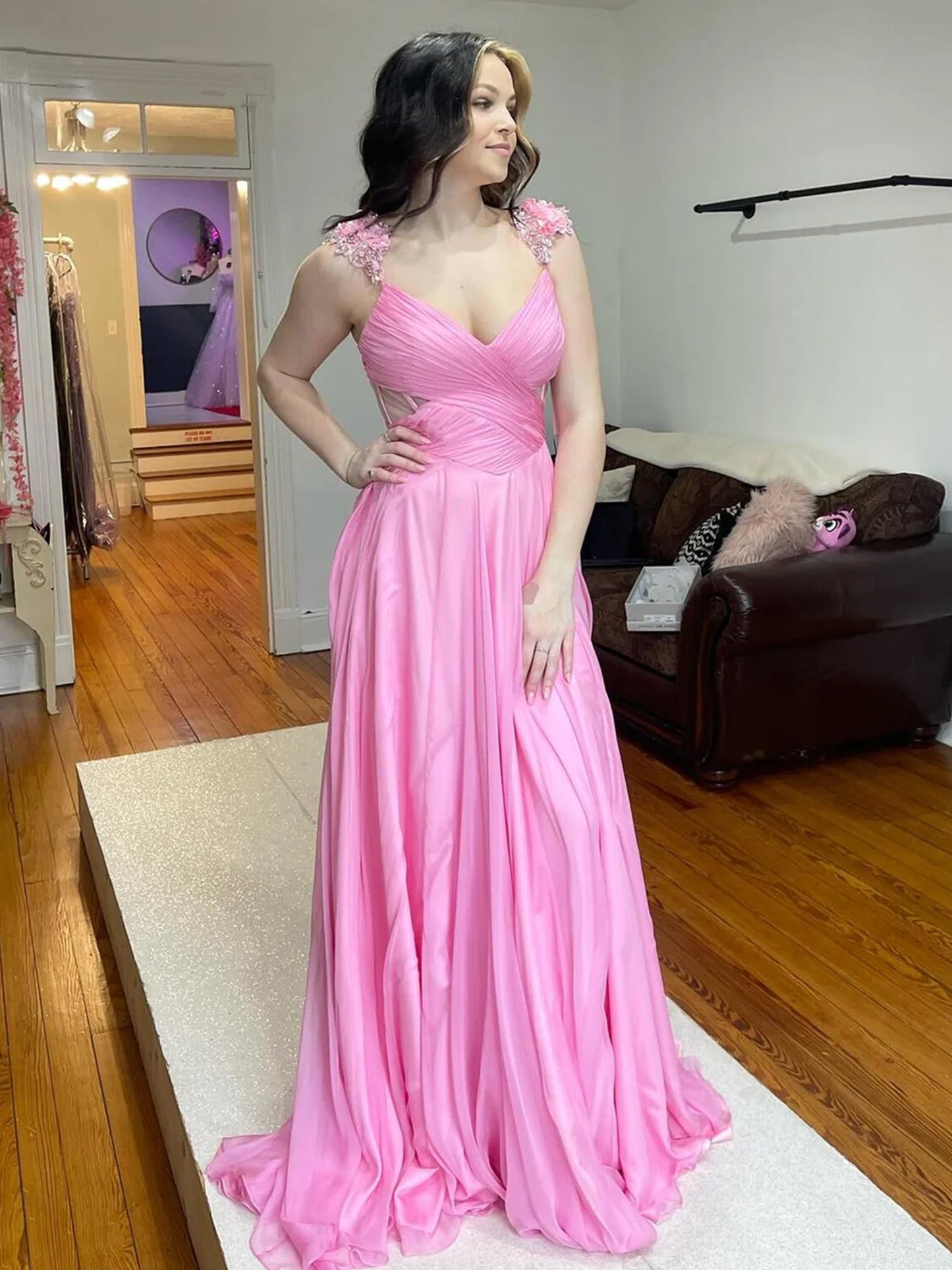 Iona | Pink Pleated Chiffon A-line Long Prom Dress