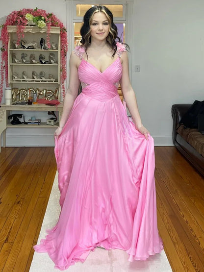 Iona | Pink Pleated Chiffon A-line Long Prom Dress