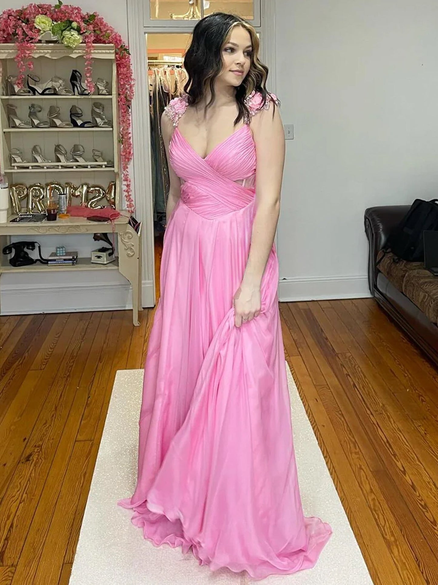 Iona | Pink Pleated Chiffon A-line Long Prom Dress