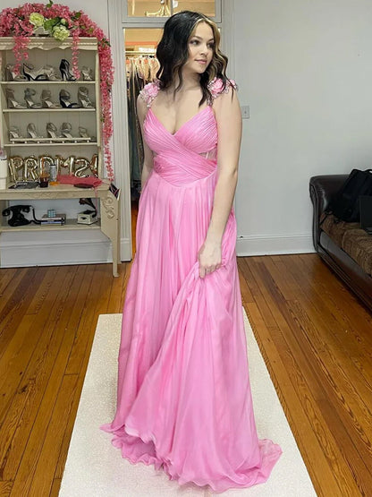 Iona | Pink Pleated Chiffon A-line Long Prom Dress