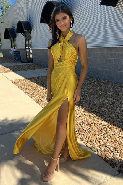 Iras | Yellow Halter Satin Mermaid Long Prom Dress With Slit