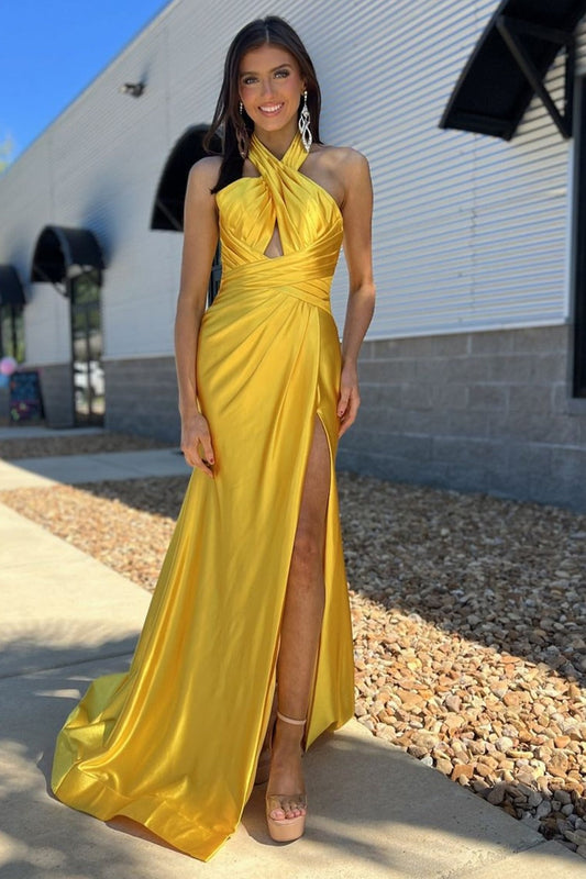 Iras | Yellow Halter Satin Mermaid Long Prom Dress With Slit