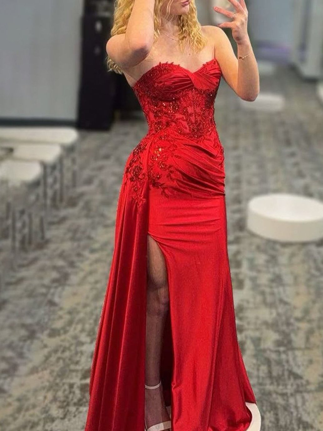 Irmeli | Mermaid Sweetheart Red Slit Long Prom Dresses with Appliques