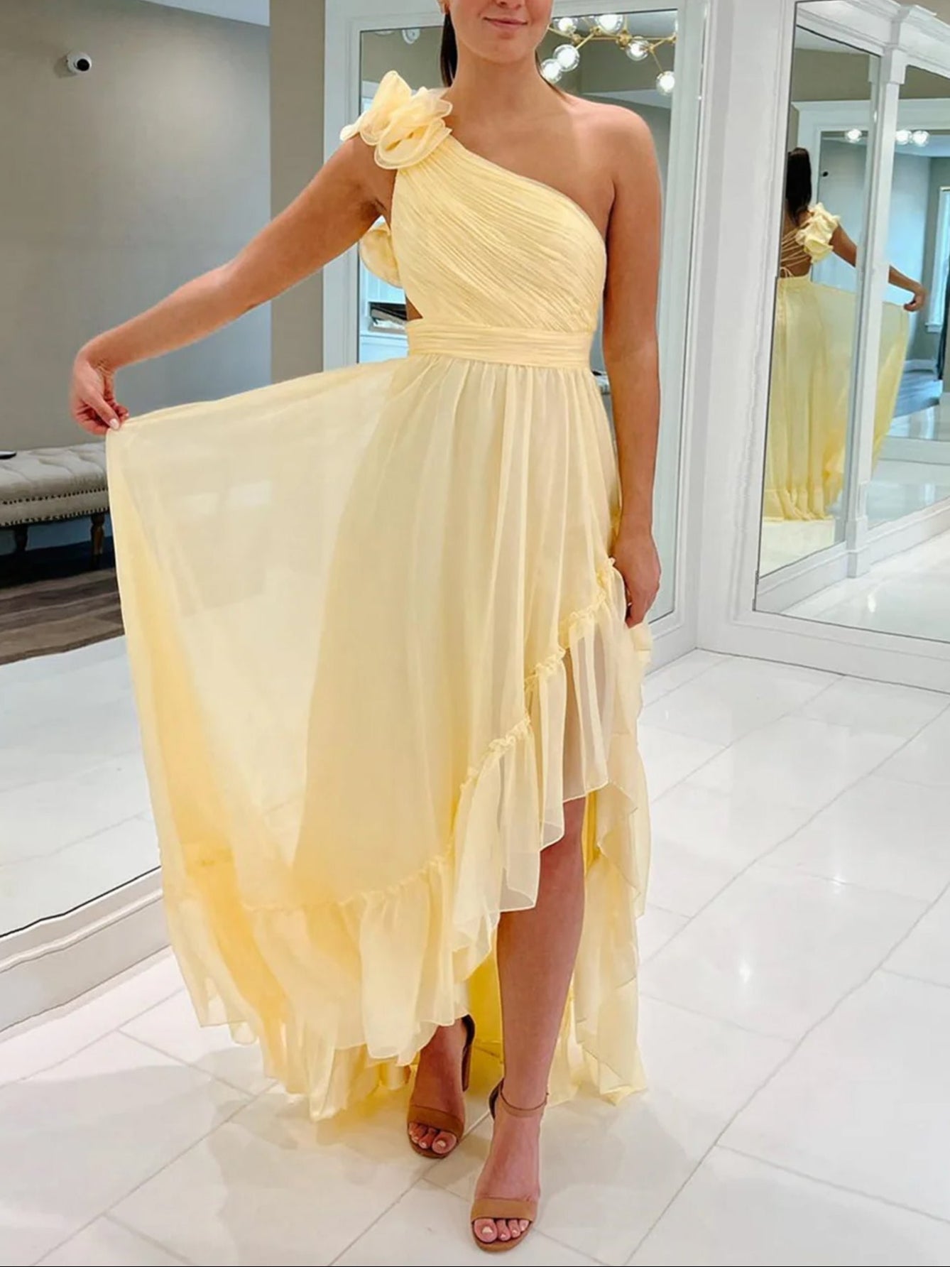 Ishmael | Light Yellow A-line One Shoulder Lace-Up Pleated Ruffle High-Low Prom Dress