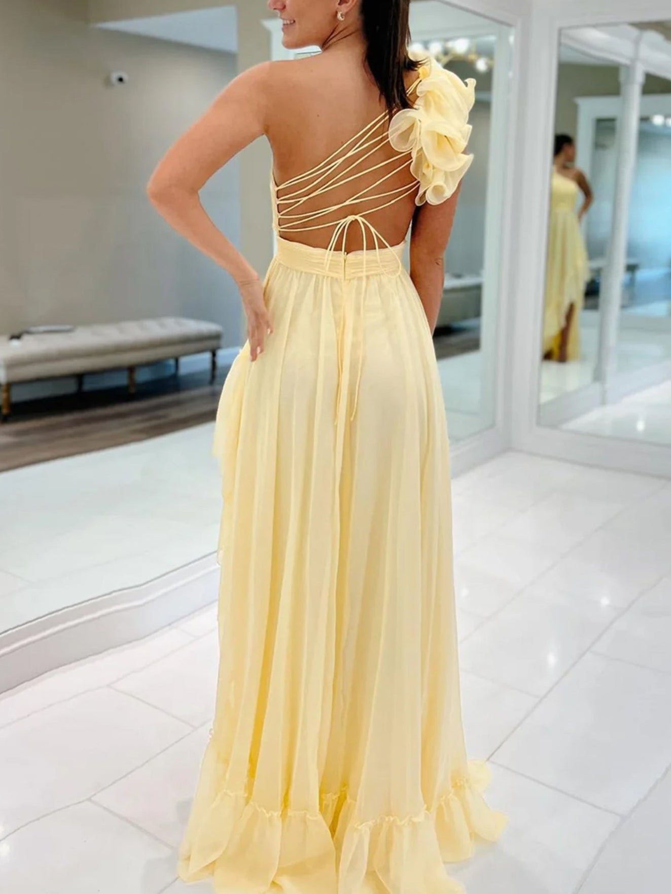 Ishmael | Light Yellow A-line One Shoulder Lace-Up Pleated Ruffle High-Low Prom Dress