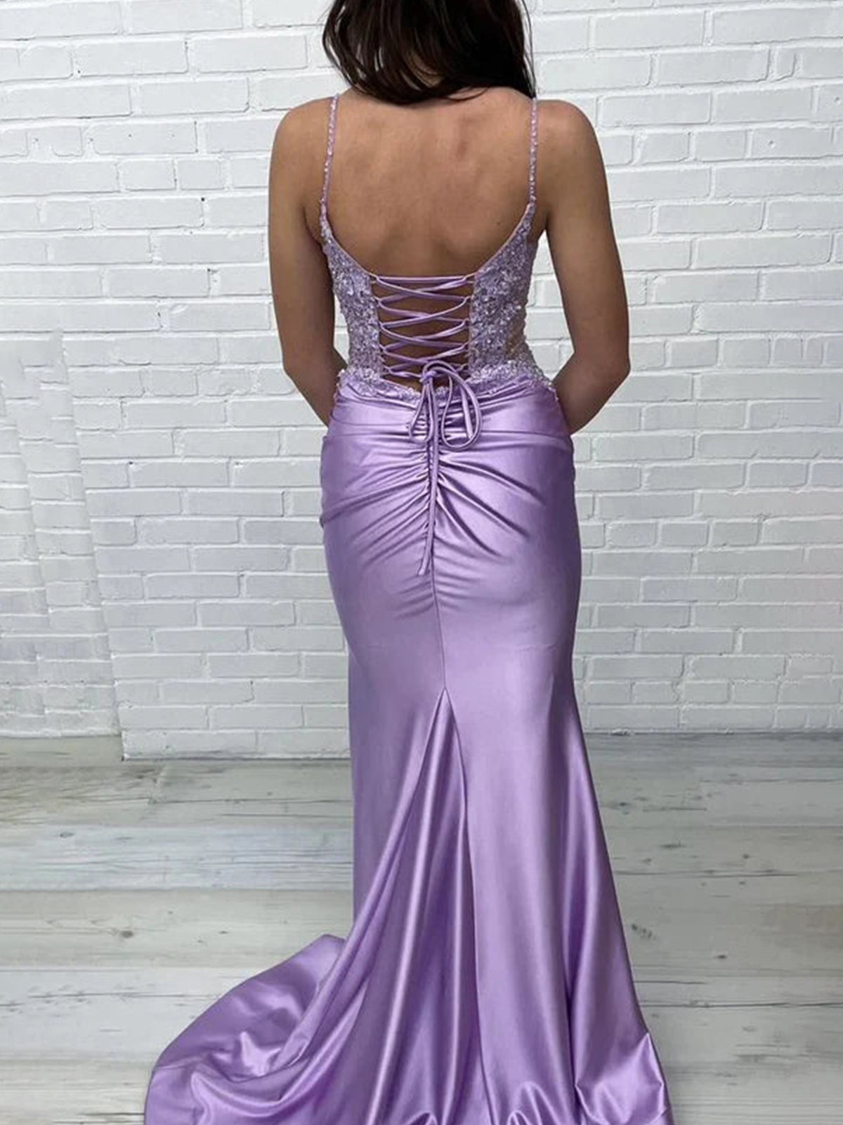 Iskander | Mermaid V Neck Lavender Satin Long Prom Dresses with Appliques