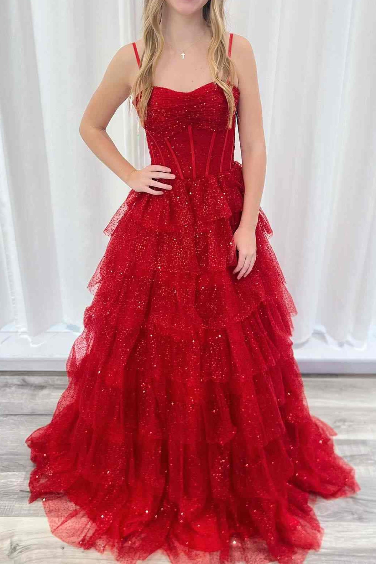 Isoline | Gorgeous Sparkle Tulle Red Spaghetti Straps Ruched Prom Dress