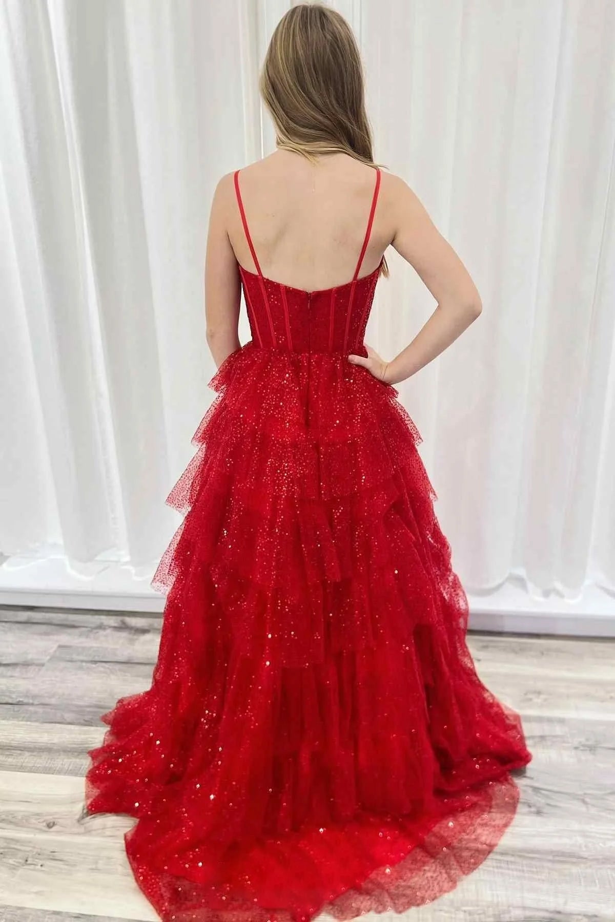 Isoline | Gorgeous Sparkle Tulle Red Spaghetti Straps Ruched Prom Dress