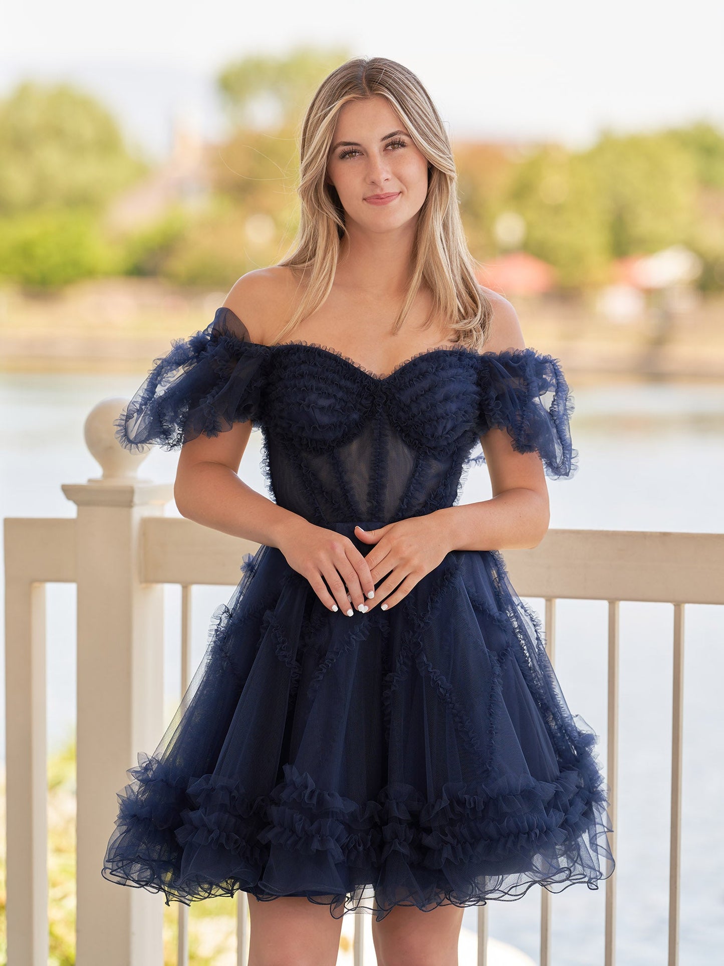 Naomi | A Line Sweetheart Puff Sleeves Short Homecoming Dress With Ruffles