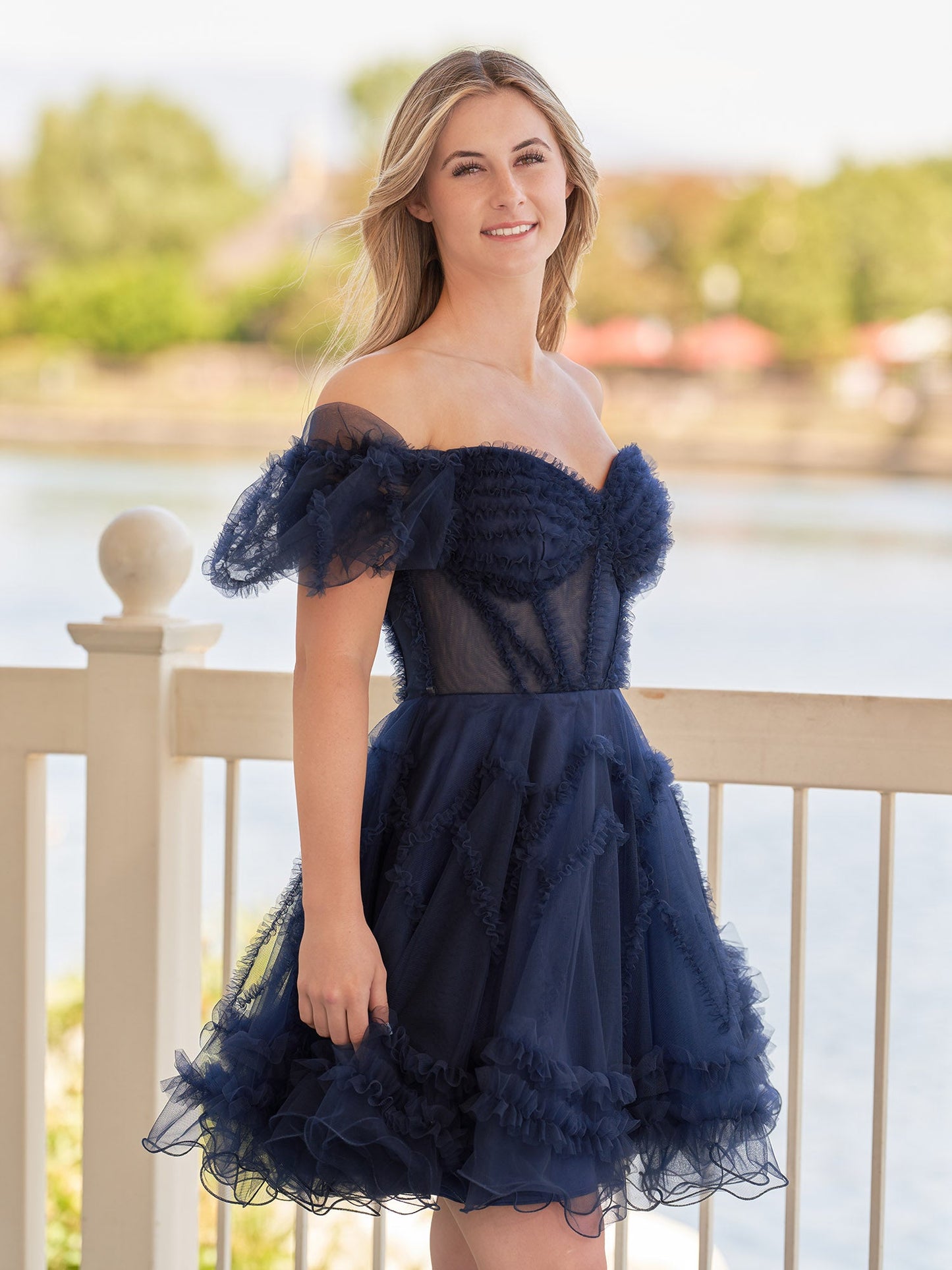 Naomi | A Line Sweetheart Puff Sleeves Short Homecoming Dress With Ruffles