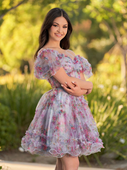 Ivana | A Line Off the Shoulder Printed Tulle Short Homecoming Dress