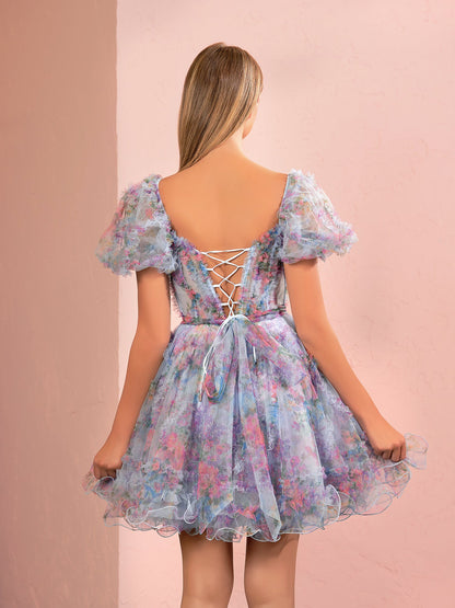 Ivana | A Line Off the Shoulder Printed Tulle Short Homecoming Dress