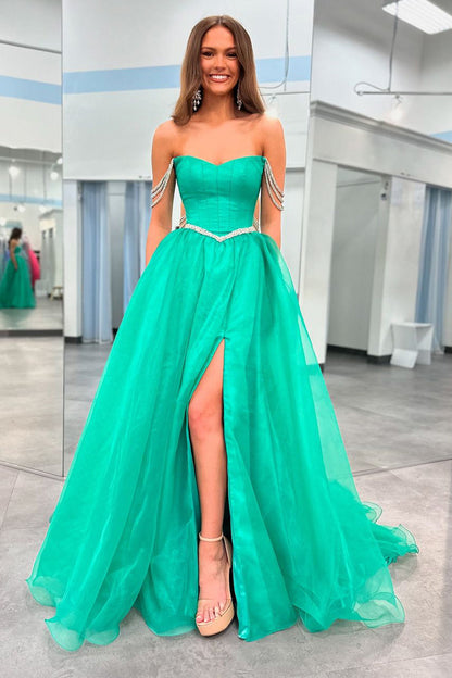 Ivayla | Ball Gown Strapless Green Tulle Beaded Long Prom Dresses with Slit