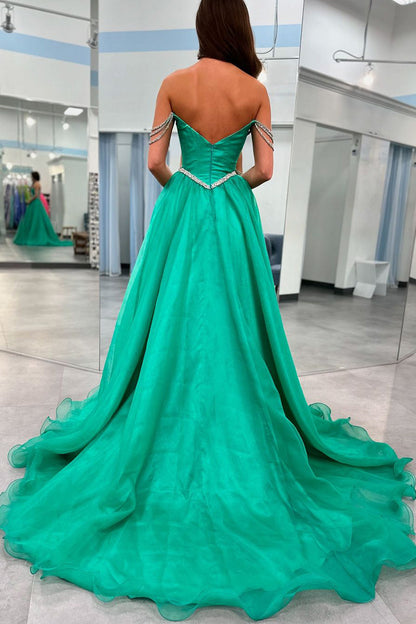 Ivayla | Ball Gown Strapless Green Tulle Beaded Long Prom Dresses with Slit