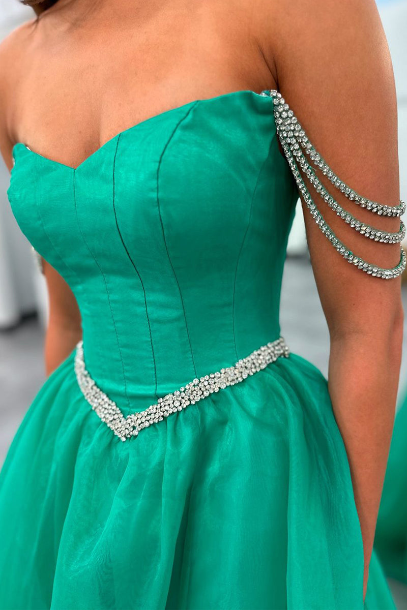 Ivayla | Ball Gown Strapless Green Tulle Beaded Long Prom Dresses with Slit