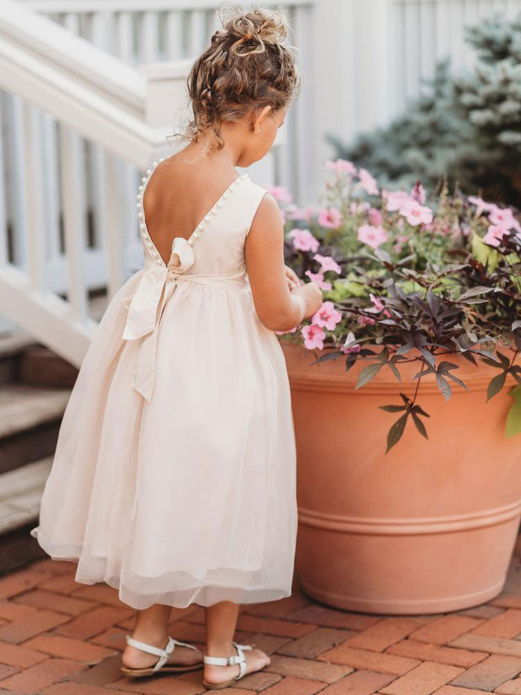 Ivory Jewel Neck Ankle-Length Butterfly Formal Kids Pageant flower girl dresses