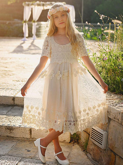 Ivory Jewel Neck Short Sleeves Lace Formal Kids Pageant flower girl dresses