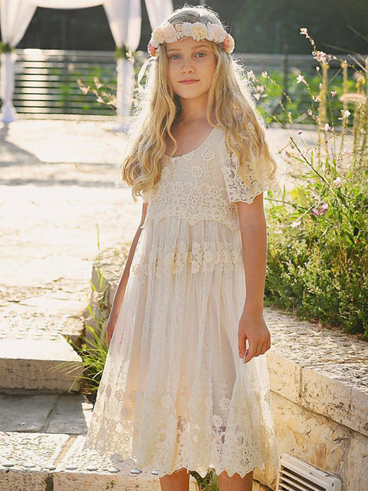 Ivory Jewel Neck Short Sleeves Lace Formal Kids Pageant flower girl dresses