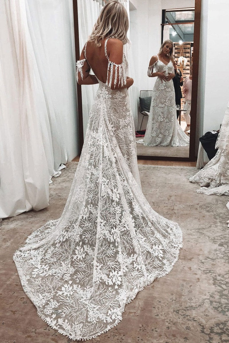 Ivory Lace Sexy Backless Wedding Dress With Train A-Line Sleeveless Chic V-Neck Bridal Gowns