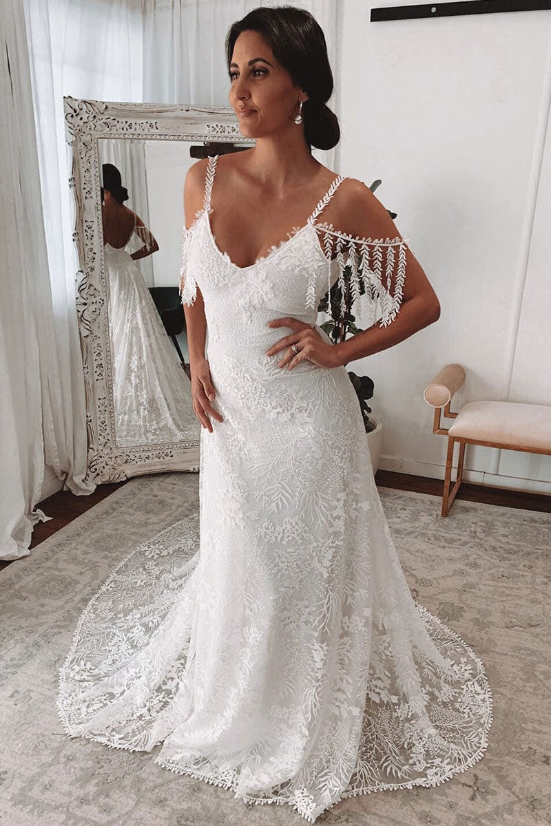 Ivory Lace Sexy Backless Wedding Dress With Train A-Line Sleeveless Chic V-Neck Bridal Gowns