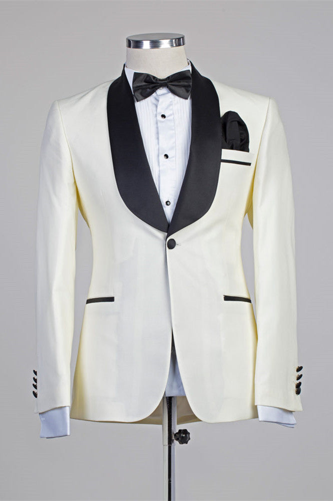 Ivory One Button Simple Slim Fit Wedding Suits with Black Lapel