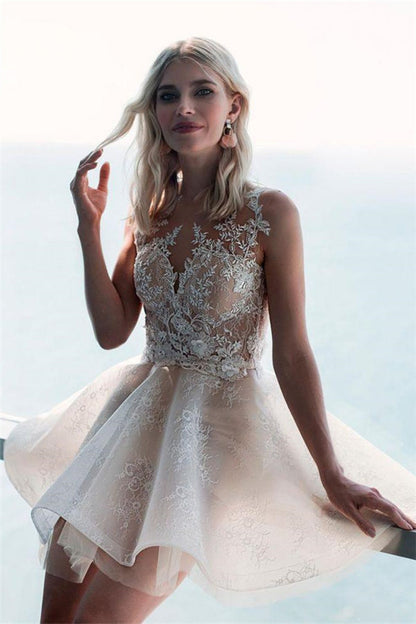 Ivory Sleeveless Lace Puffy Flowers Homecoming Dress