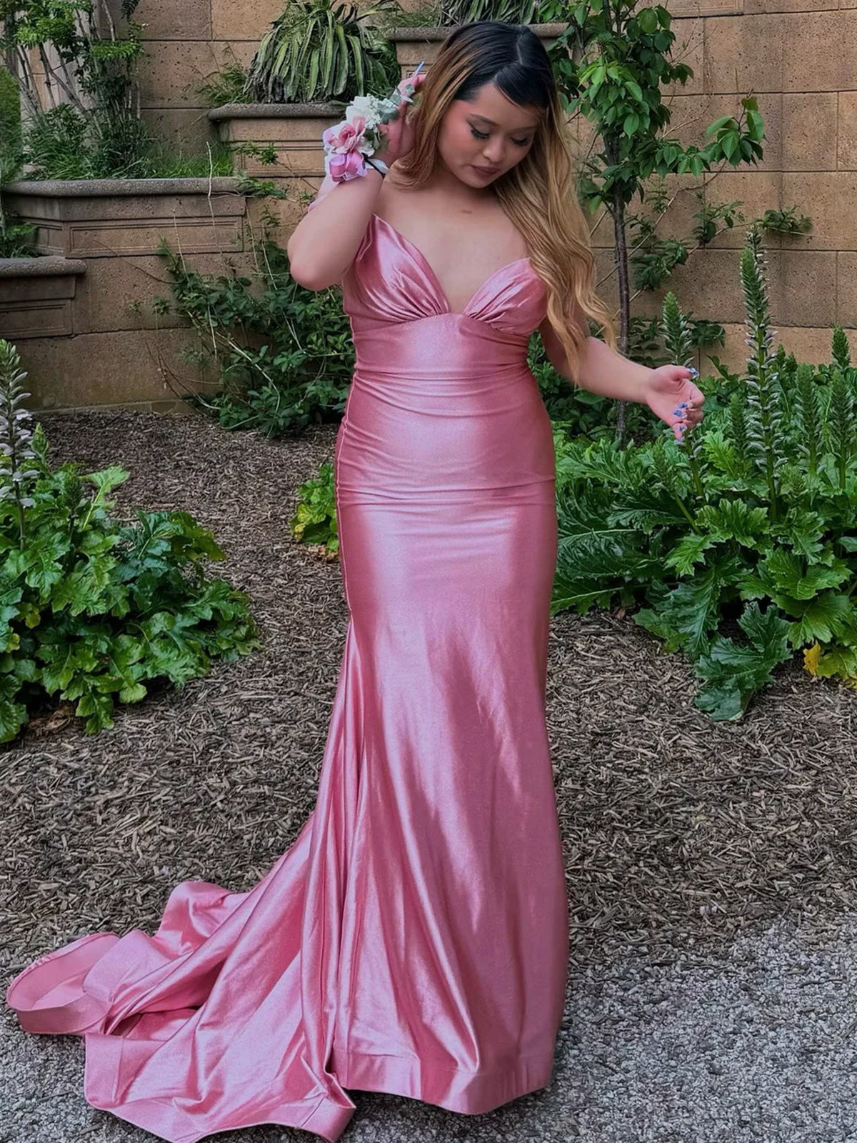 Ixia | V Neck Pink Satin Mermaid Sleeveless Long Prom Dress