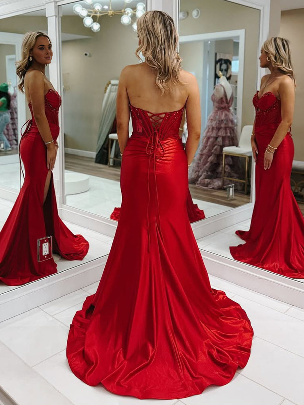 Izzy | Mermaid Strapless Keyhole Red Satin Long Prom Dresses with Slit