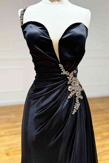 Jaiden | Black Rhinestone One Shoulder A Line Prom Dress with Slit