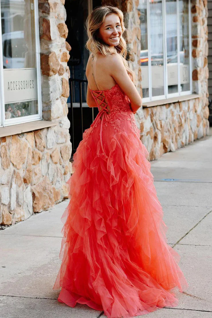 Jaize | Gentle Tulle Coral Strapless Layered Prom Dress with Applique