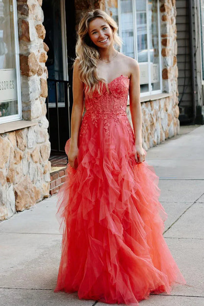 Jaize | Gentle Tulle Coral Strapless Layered Prom Dress with Applique