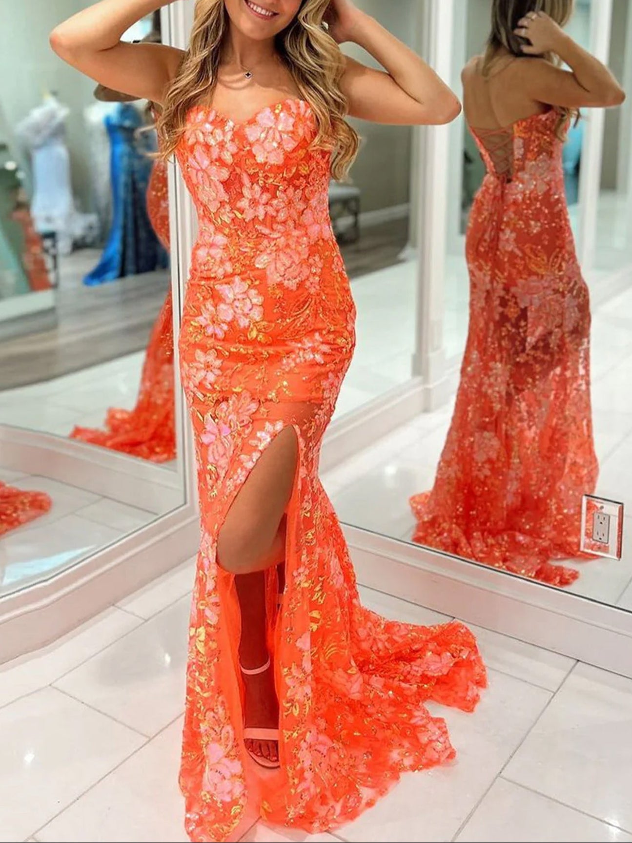 Jalea | Orange Sweetheart Mermaid Lace Long Prom Dresses With Split