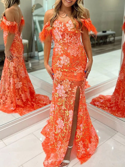 Jalea | Orange Sweetheart Mermaid Lace Long Prom Dresses With Split