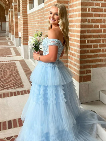 Jara | Light Blue Off the Shoulder Tulle Prom Dress With Appliques