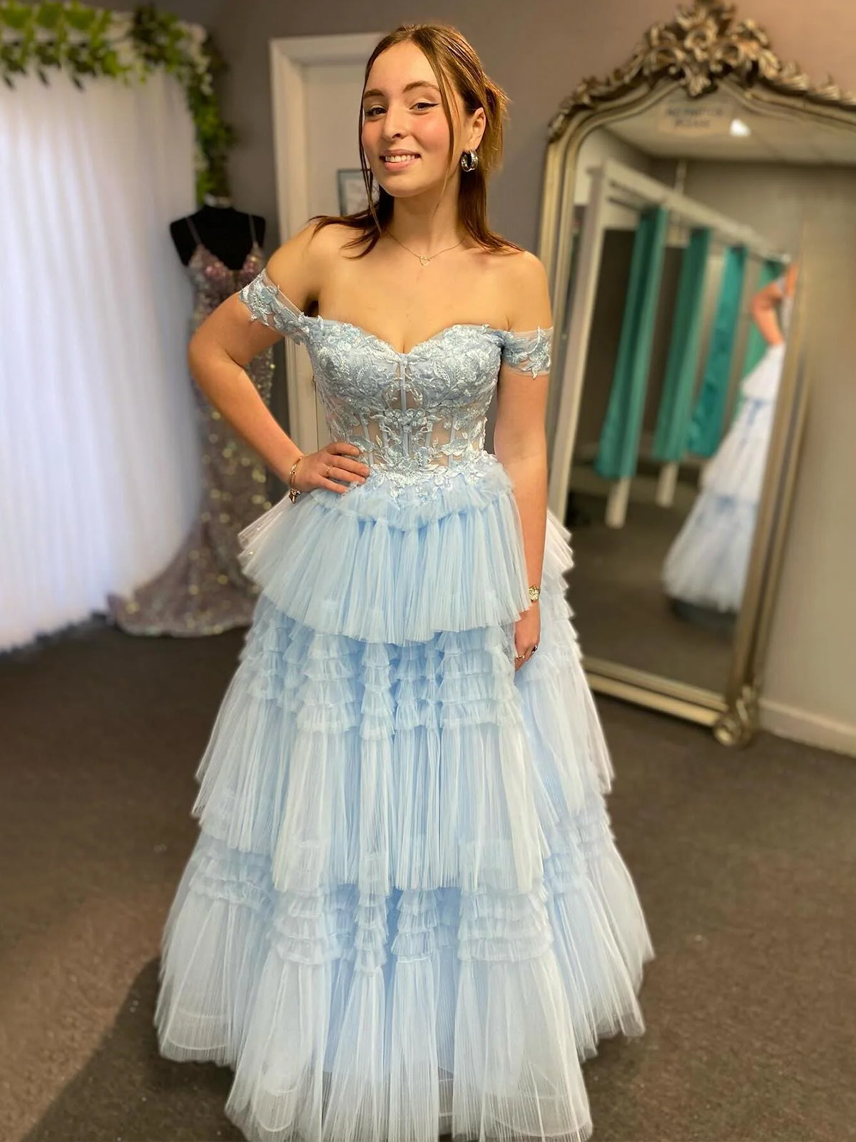 Jara | Light Blue Off the Shoulder Tulle Prom Dress With Appliques