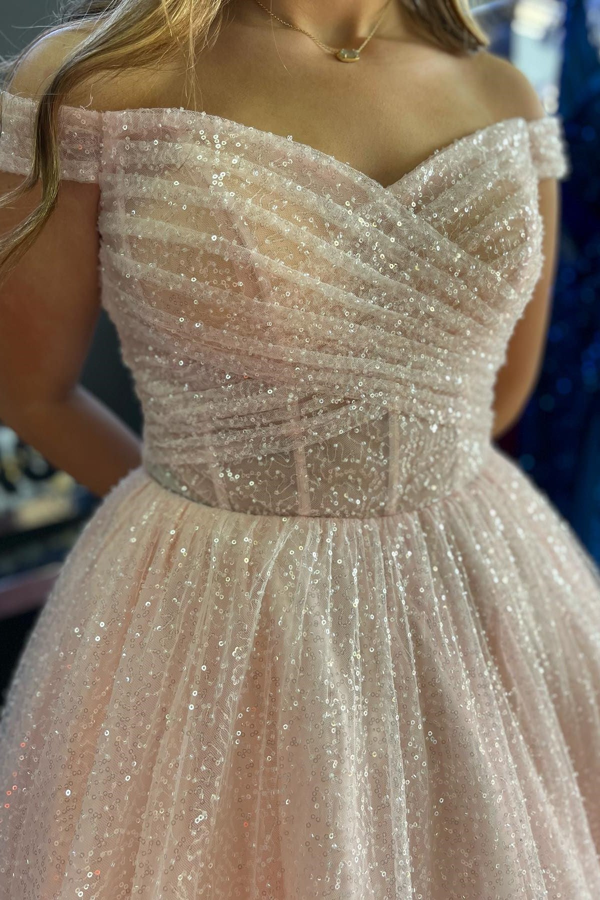 Jayla | Sparkly Blush Pink Off-the-Shoulder Surplice Long Prom Dress